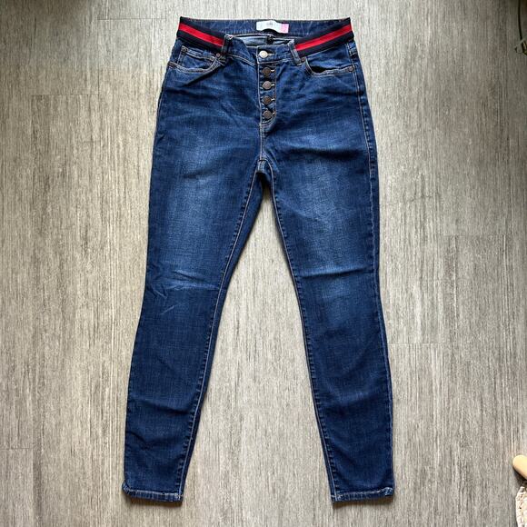 CAbi Dark Wash Mid-Rise Navy/Red Waistband Button Fly Skinny Denim Jeans Size 8 - Picture 2 of 9